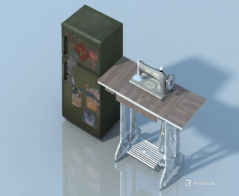 Green Vintage Pet Cabinet With Decorative Stickers And Wooden Sewing Table 3d model 