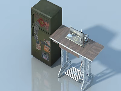 Green Vintage Pet Cabinet With Decorative Stickers And Wooden Sewing Table 3d model