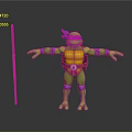 Ninja Turtle Character With Green Body Yellow Shell Purple Headband White Emblem And Orange Staff