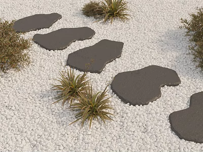 Natural Stone Slabs And Wood Accents In Gravel Garden With Green Plants 3d model