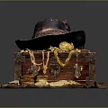 Antique Wooden Treasure Chest With Gold Coins Jewelry And Leather Hat