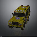 Yellow Emergency Ambulance Vehicle With Red Lights And Blue Medical Cross