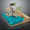 Stilt Wooden House Structure on Small Island with Palm Trees Blue Water and Flag