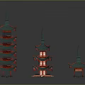 Cartoon Scenery Featuring Multiple Chinese Pagodas With Green Roofs And Red Decorations