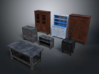 Various Vintage Wooden Furniture Collection With Cabinets Tables And Storage Units 3d model