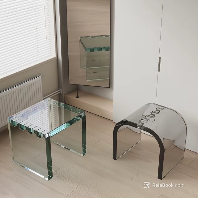 Green Glass Square Stool And Transparent Acrylic Stool With Black Legs In Modern Room Interior 3d model 