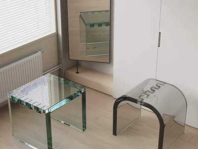 Green Glass Square Stool And Transparent Acrylic Stool With Black Legs In Modern Room Interior 3d model