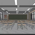 School Classroom Interior With Neat Desks Chairs Blackboard And National Flag