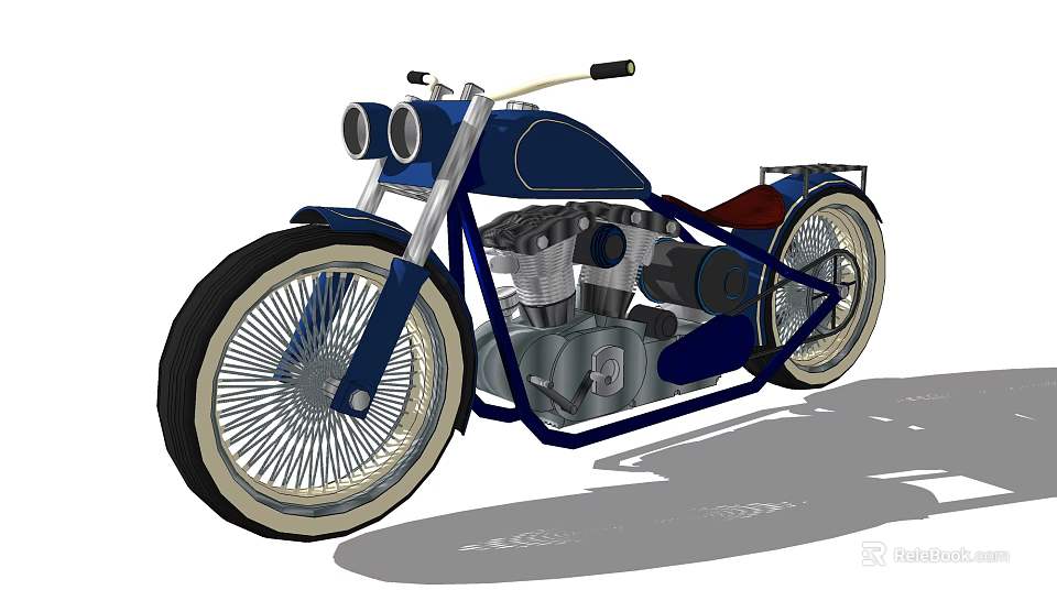 Vintage Custom Blue Motorcycle With Chrome Spoked Wheels Dual Headlights And Red Seat 3d model 