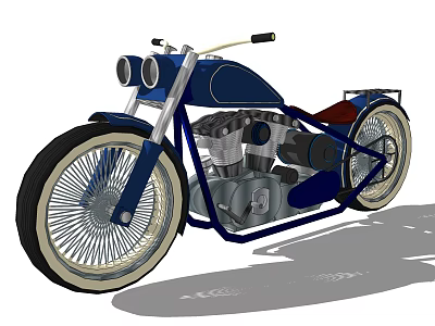 Vintage Custom Blue Motorcycle With Chrome Spoked Wheels Dual Headlights And Red Seat 3d model