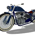 Vintage Custom Blue Motorcycle With Chrome Spoked Wheels Dual Headlights And Red Seat