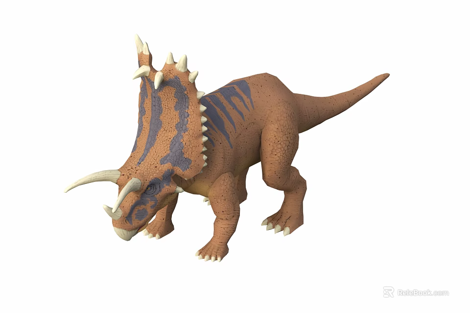 Realistic Triceratops Dinosaur Toy Figure With Brown Blue Striped Body Spiked Frill And Horns 3d model 
