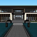 Modern Chinese Sales Office Building Featuring Large Glass Windows Wooden Lattice And Courtyard Water Feature