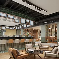Modern Coffee Shop Interior With Wooden Counter Greenery Decor Bookshelves And Seating Area