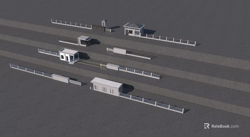 Various Entrance Gate Structures With Guard Houses Railings And Driveway Elements 3d model