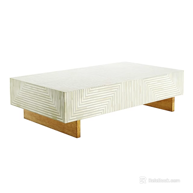Rectangular Dining Table With White And Beige Striped Top And Wooden Legs 3d model 