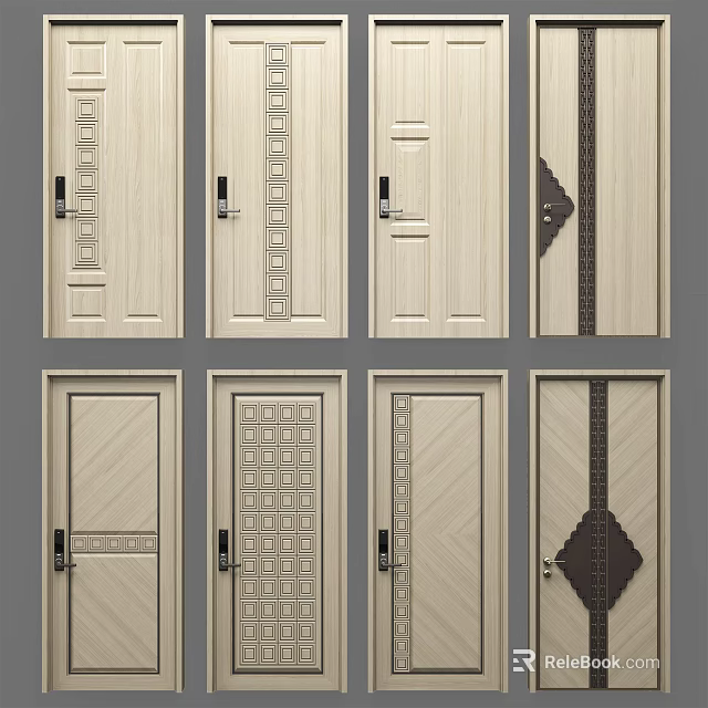 Light Colored Wooden Swing Doors With Various Decorative Patterns And Designs 3d model