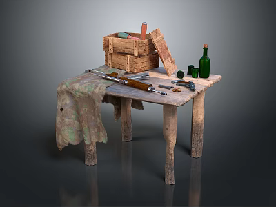 Rustic Wooden Table With Crate Tools Cloth And Green Glass Bottles 3d model