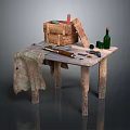 Rustic Wooden Table With Crate Tools Cloth And Green Glass Bottles 3d model