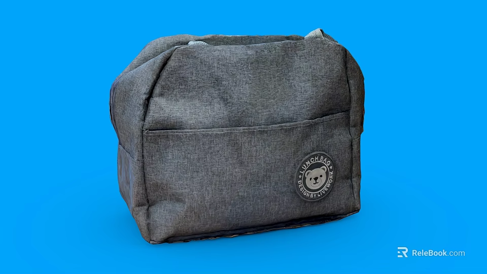 Gray Canvas Bag with Front Pocket and Round Badge on Blue Background 3d model 