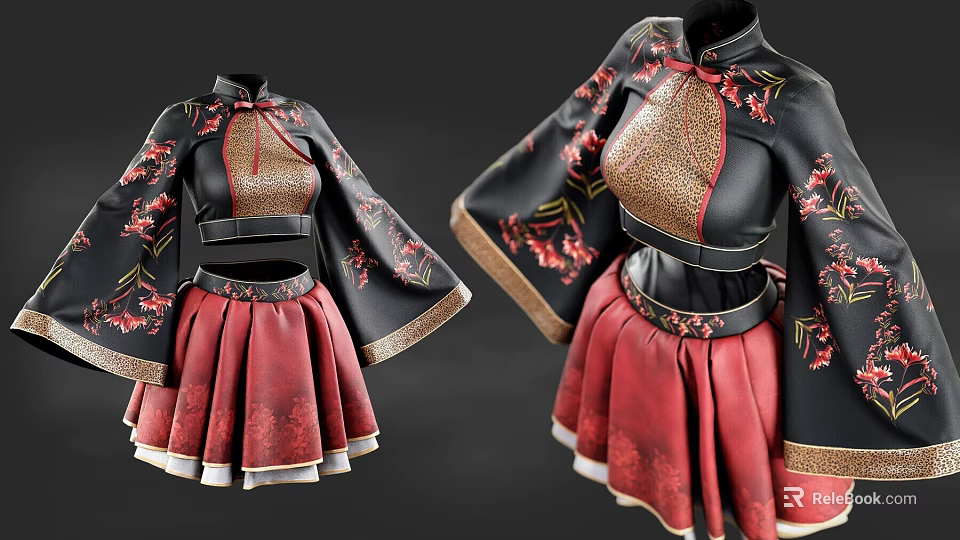 Traditional Chinese Clothing With Black Embroidered Top Wide Sleeves And Red Skirt 3d model 