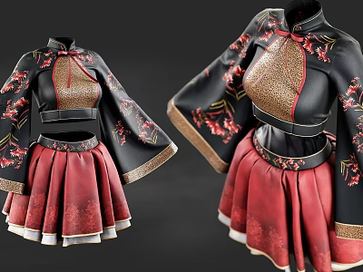 Traditional Chinese Clothing With Black Embroidered Top Wide Sleeves And Red Skirt 3d model