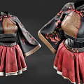 Traditional Chinese Clothing With Black Embroidered Top Wide Sleeves And Red Skirt