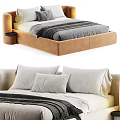 Modern Upholstered Double Bed With Beige Frame And Gray Striped Bedding Pillows 3d model