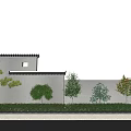 Shrub Landscaping In Outdoor Area By Building Wall With Green Trees And Blue Sky