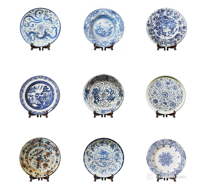 Chinese Traditional Blue and White Ceramic Plates with Dragon Patterns on Display Stands 3d model 
