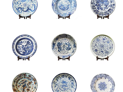Chinese Traditional Blue and White Ceramic Plates with Dragon Patterns on Display Stands 3d model