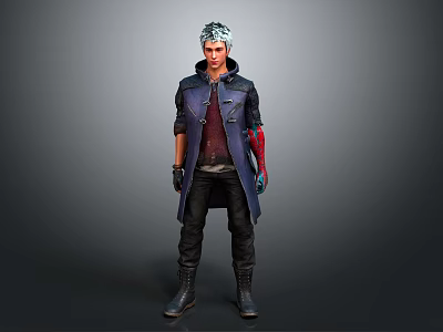 Silver Haired Character With Mystical Creature In Purple Coat And Red Lining 3d model