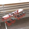 Modern Red Dining Table And Stool Set With Rectangular Top And Wicker Design Structure 3d model