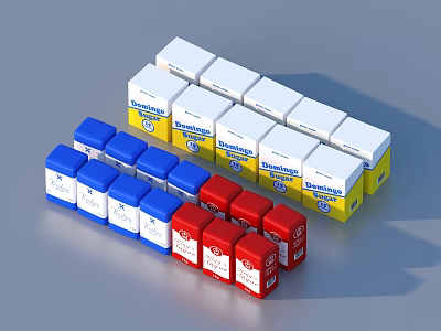 Colorful Packaged Household Products With Blue Red Yellow Boxes Arranged Neatly 3d model