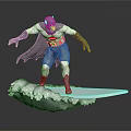 3D Superhero Figurine With Cape Costume Standing On Wave Surfboard Base