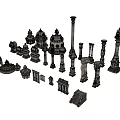 Ornate Traditional Architectural Components With Carved Columns Towers Doors And Stairs