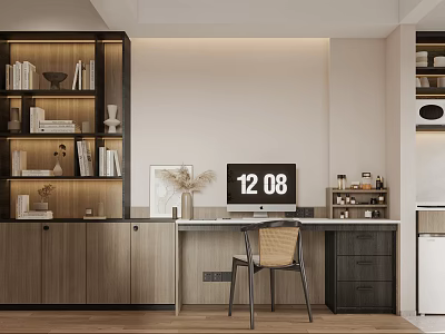 Modern Apartment Study Room With Wooden Bookshelves Computer Desk And Chair 3d model