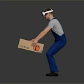 Person In Blue Overalls Wearing VR Headset Carrying Cardboard Box On Gray Background