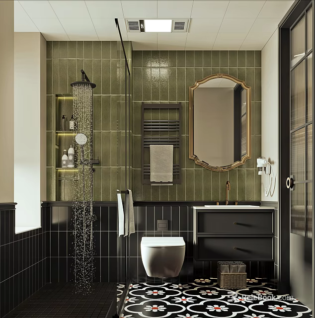 Modern Bathroom Interior With Green Tiled Walls Gold Framed Mirror And Black Vanity 3d model 
