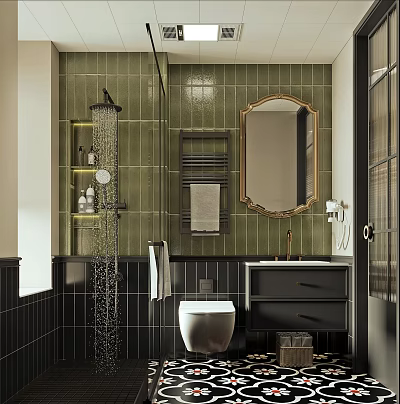 Modern Bathroom Interior With Green Tiled Walls Gold Framed Mirror And Black Vanity 3d model