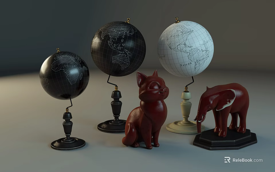 Decorative Ornament Set With Three Globes Red Cat And Elephant Figurines For Home Decor 3d model 