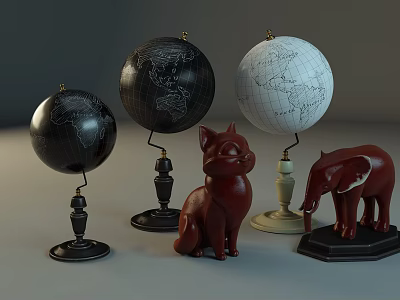 Decorative Ornament Set With Three Globes Red Cat And Elephant Figurines For Home Decor 3d model