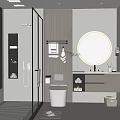 Modern Bathroom Interior With Glass Shower Round Mirror And Vanity Storage 3d model