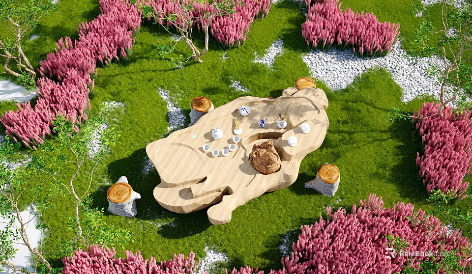 Root Carving Tea Table on Green Grass with Pink Flowers and Tree Stump Stools 3d model