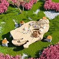 Root Carving Tea Table on Green Grass with Pink Flowers and Tree Stump Stools 3d model