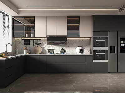Modern Kitchen Interior Design With Dark Light Cabinets Appliances And Island Countertop 3d model