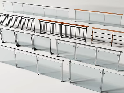 Various Modern Railings Designs With Glass Panels Metal Frames And Wooden Handrails 3d model