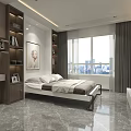 Modern Apartment Interior With Marble Wall TV Bed Bookshelf Decorative Painting And Clock