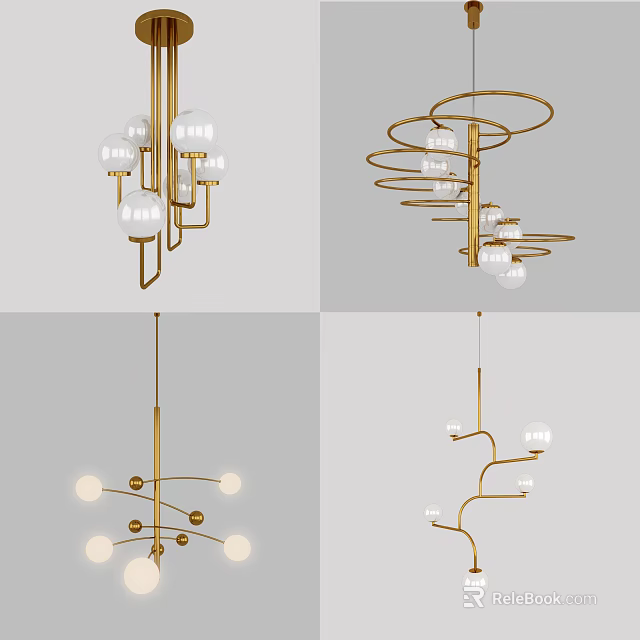 Modern Elegant Pendant Light Featuring Gold Metal Frame And White Globe Bulbs 3d model 