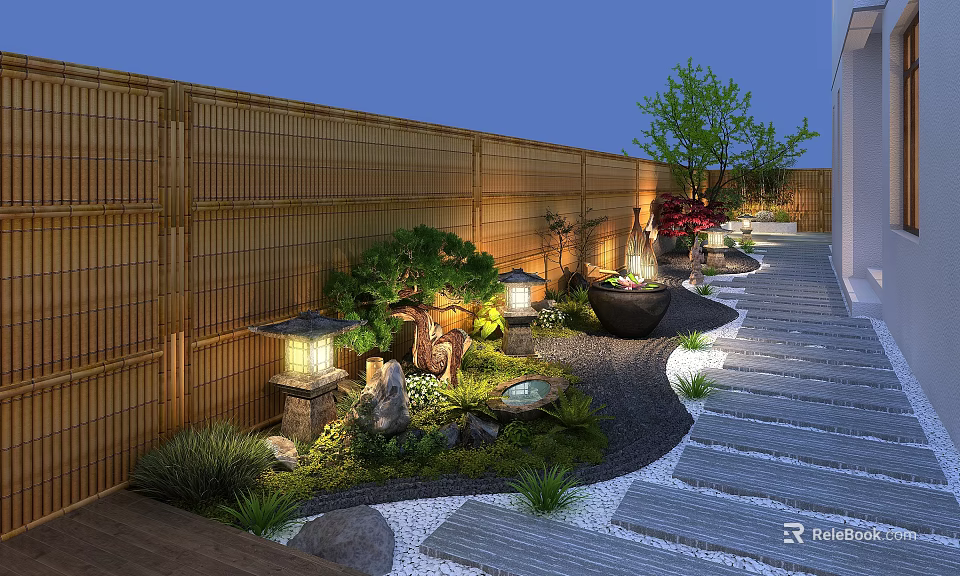 Serene Courtyard Garden With Bamboo Fence Stone Pathway Lanterns And Ornamental Trees 3d model 